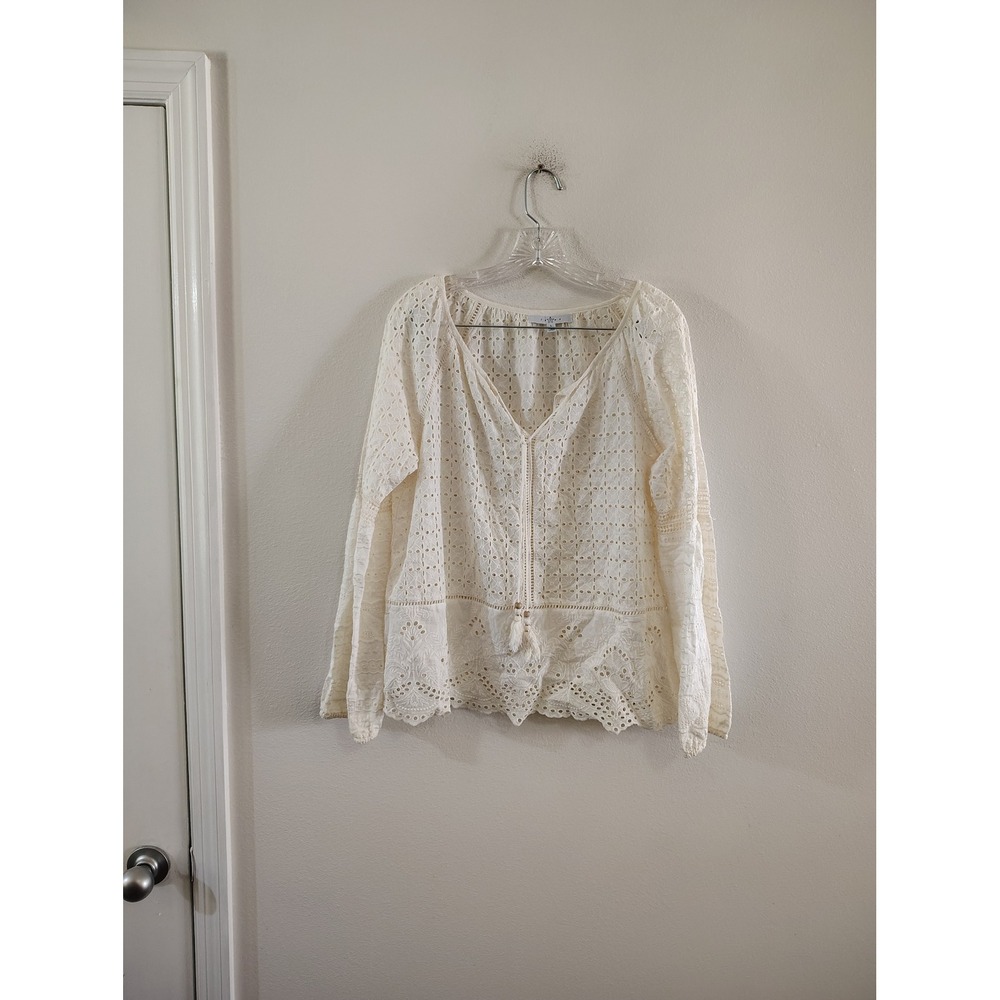 Fever Cream Eyelet Lace V-Neck Blouse Boho Long Sleeve Tassel Top Large